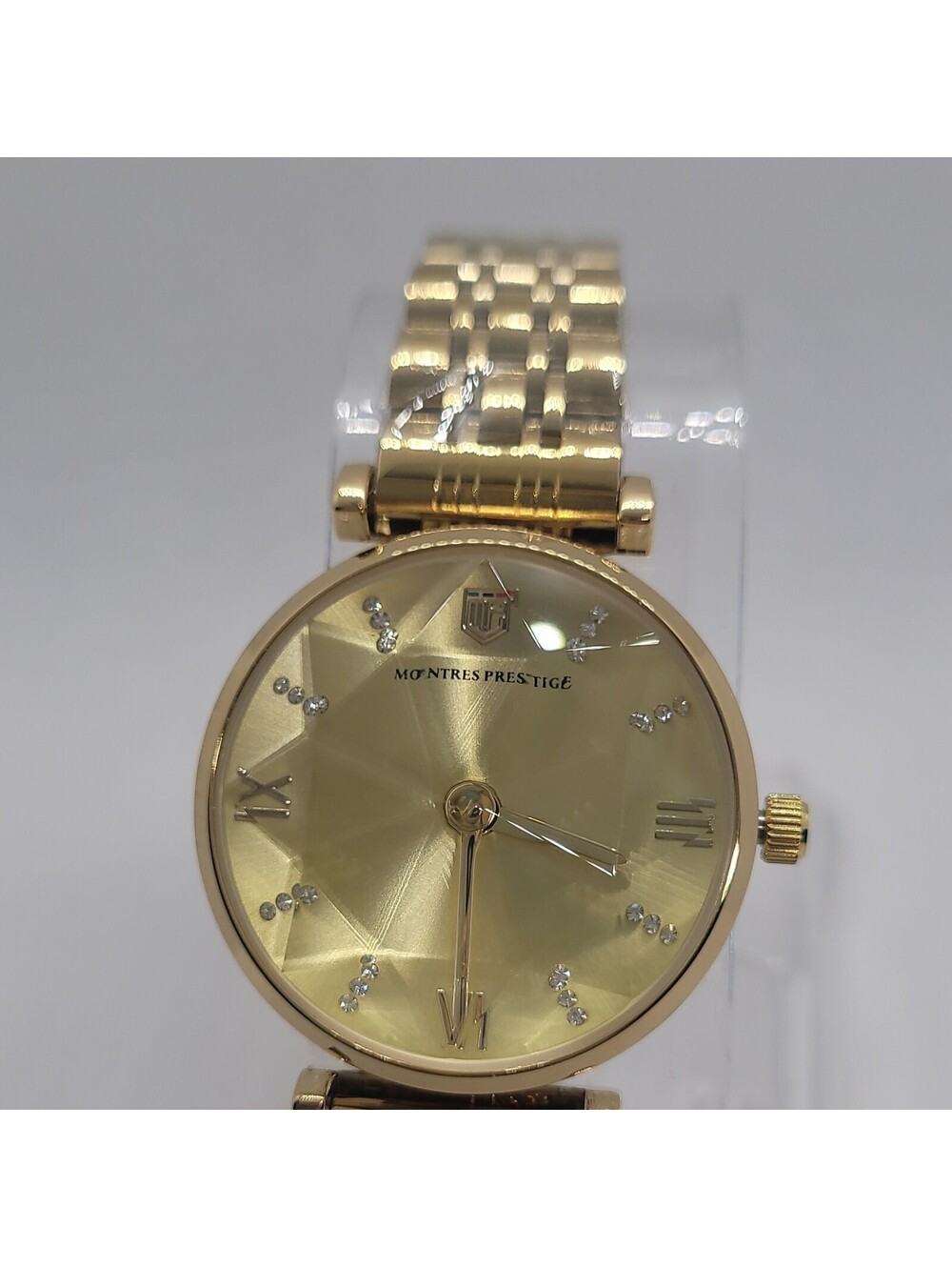 196 Montres Prestige gold gemmed sunburst dial analog quartz bracele watch w/box